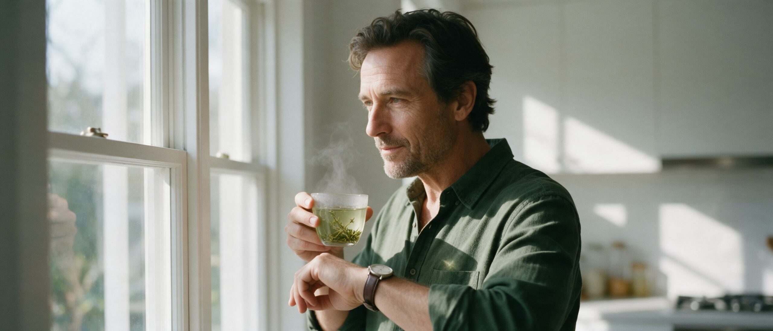 Hombre sereno junto a una ventana sosteniendo una taza humeante de infusión verdosa mientras consulta su reloj: la cafeína del café verde también cuenta
