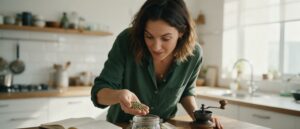 Mujer en una cocina luminosa observando con curiosidad un puñado de granos de café verde sin tostar sobre un tarro de cristal, junto a un molinillo manual y un cuaderno