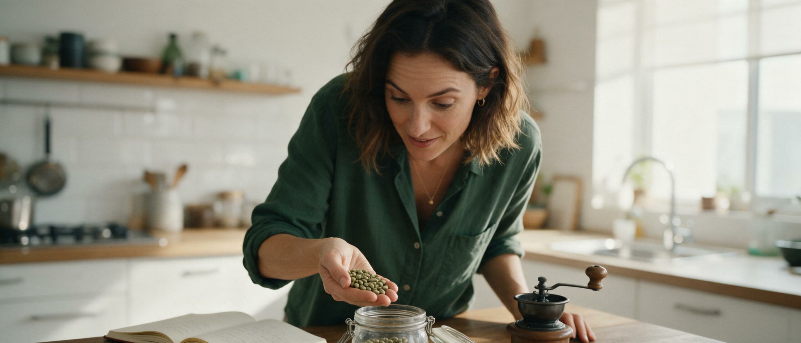 Mujer en una cocina luminosa observando con curiosidad un puñado de granos de café verde sin tostar sobre un tarro de cristal, junto a un molinillo manual y un cuaderno